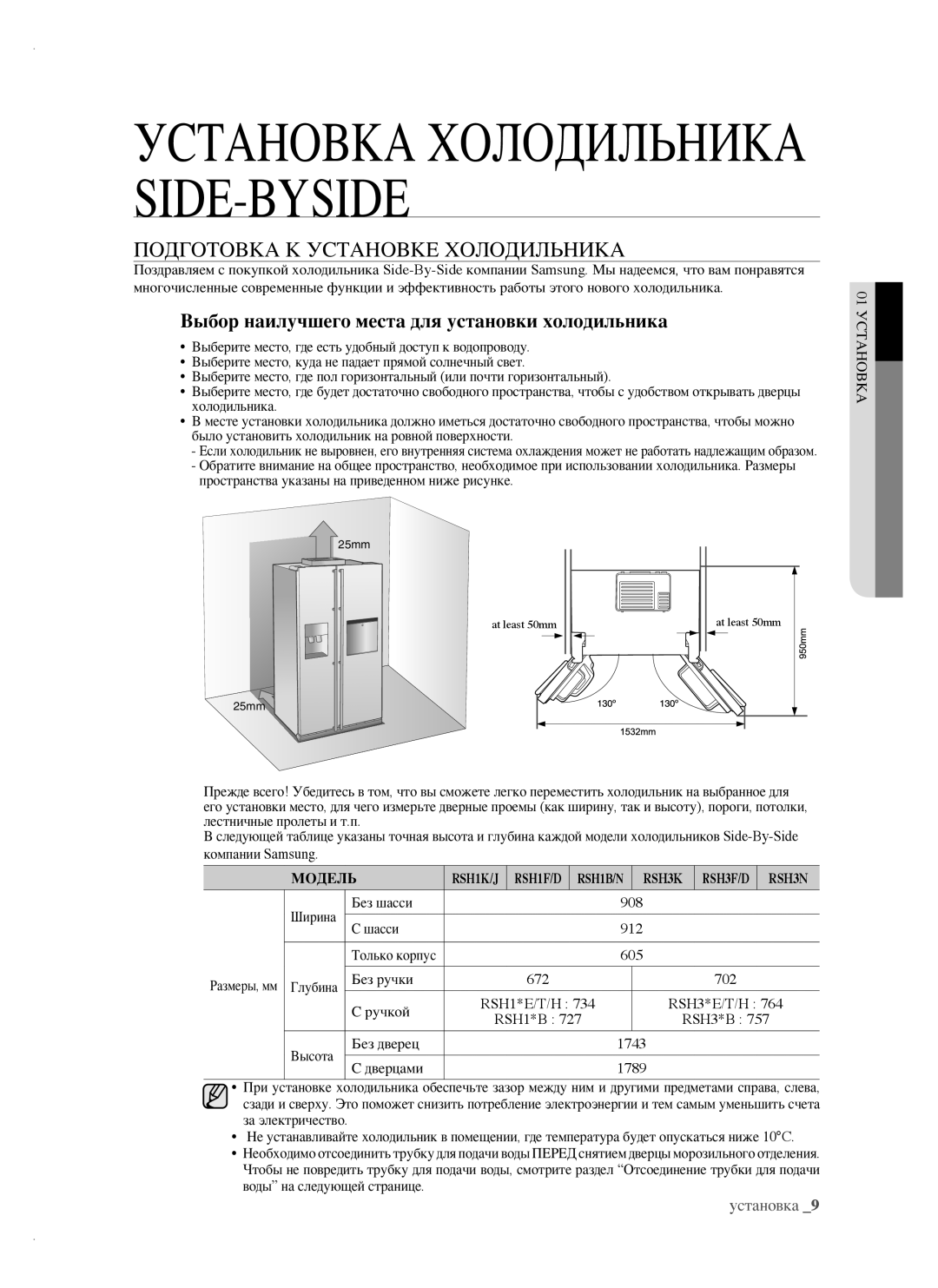 Samsung RSH1FTRS1/BWT manual Подготовка К Установке Холодильника, Выбор наилучшего места для установки холодильника 