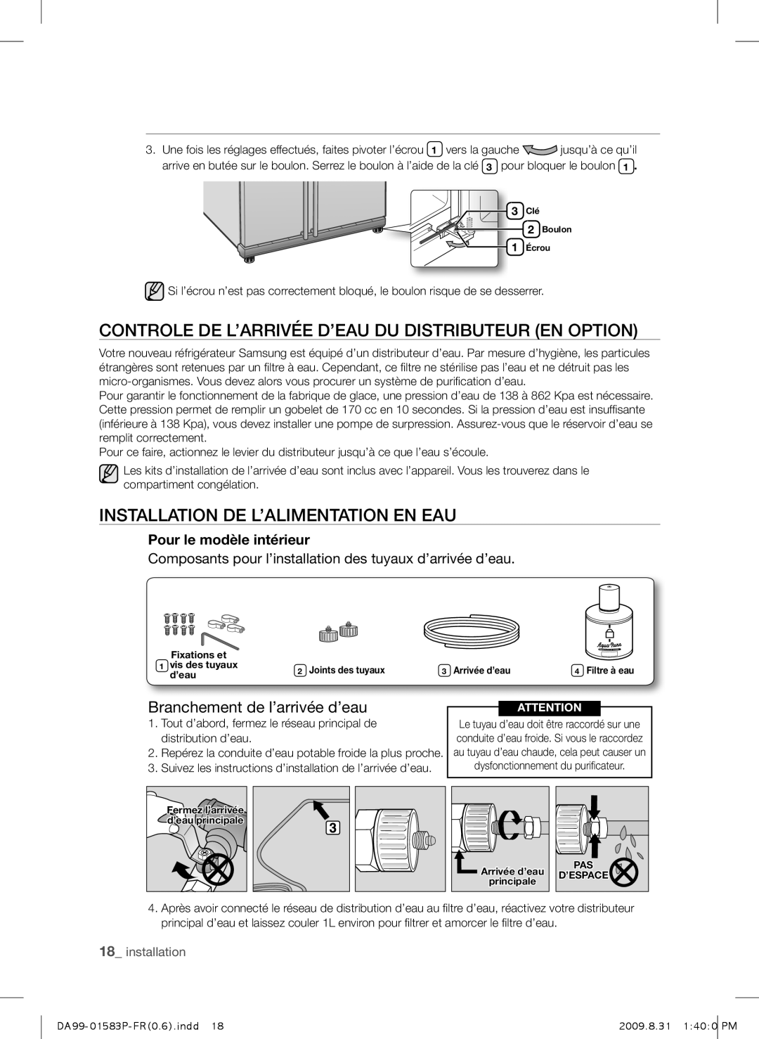 Samsung RSH1UEIS1/XEF manual Controle DE L’ARRIVÉE D’EAU DU Distributeur EN Option, Installation DE L’ALIMENTATION EN EAU 