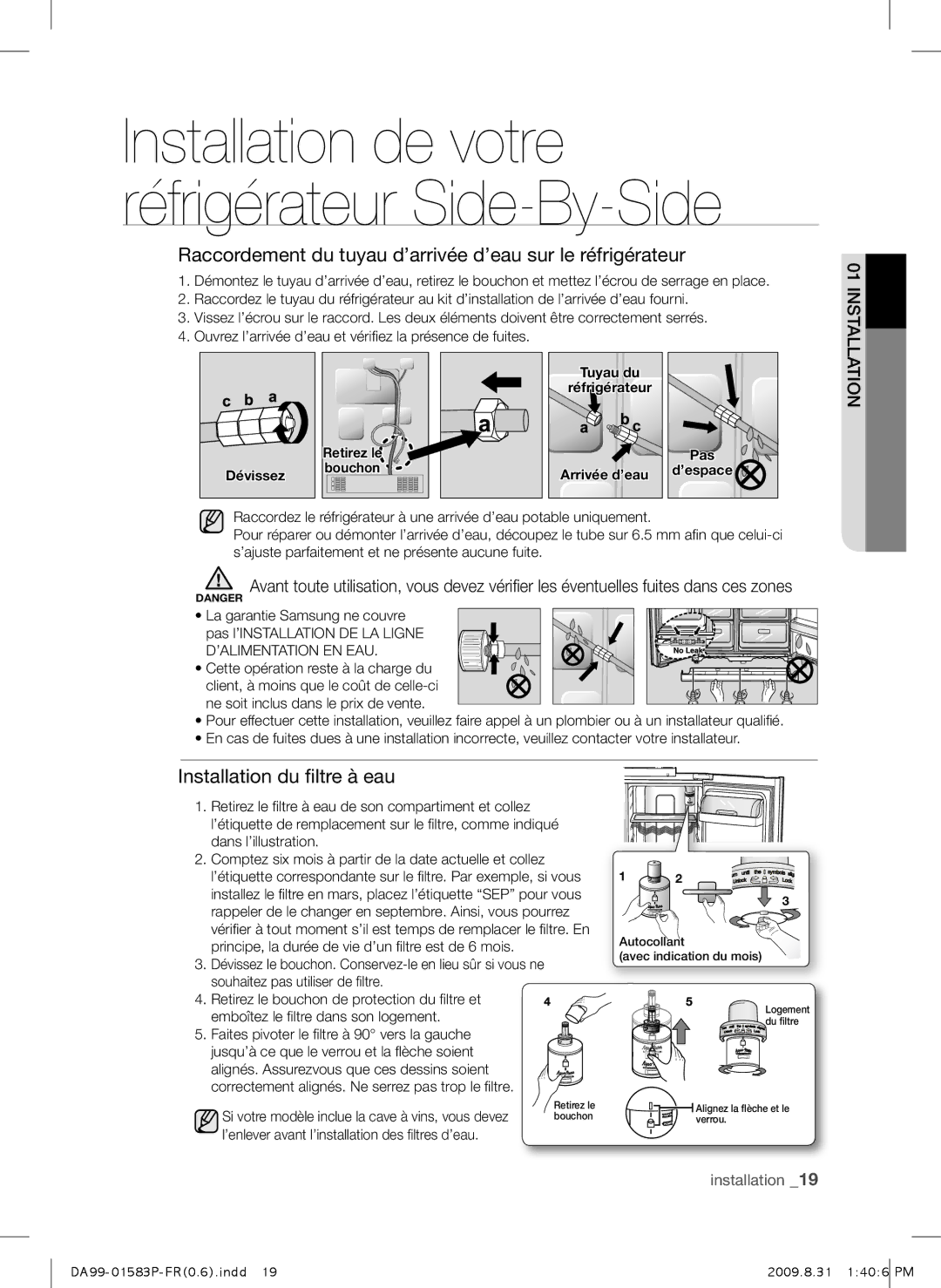 Samsung RSH1FTSW1/XEF manual Raccordement du tuyau d’arrivée d’eau sur le réfrigérateur, Installation du filtre à eau 