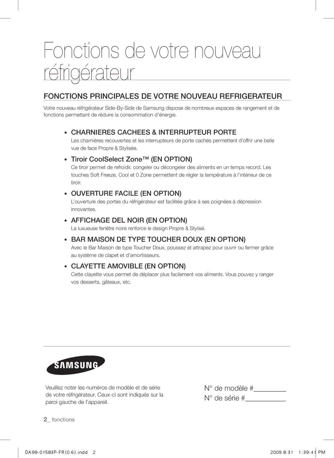 Samsung RSH1FEIS1/XEF manual Fonctions Principales DE Votre Nouveau Refrigerateur, Tiroir CoolSelect Zone EN Option 