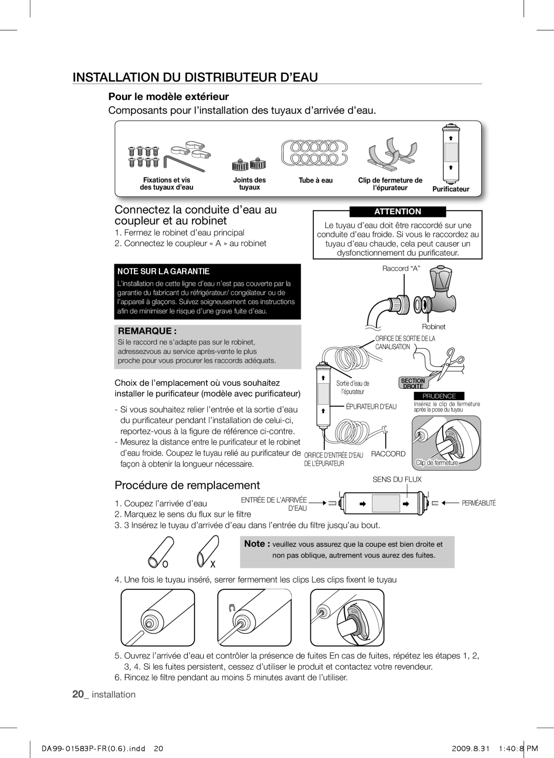 Samsung RSH1DTMH1/XEF manual Installation DU Distributeur D’EAU, Connectez la conduite d’eau au coupleur et au robinet 