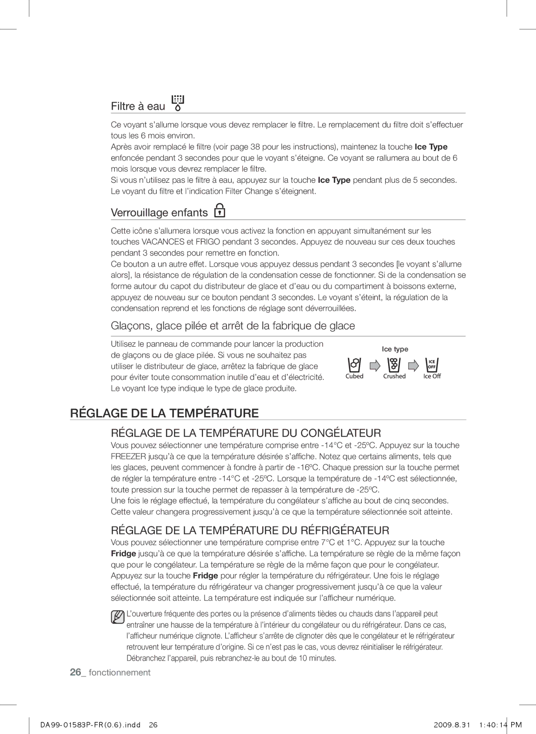 Samsung RSH1FEIS1/XEF, RSH1FTRS1/BWT, RSH1FTMH1/XEF, RSH1FTIS1/BWT, RSH1DEIS1/XEF, RSH1JLMR1/XEF Réglage DE LA Température 