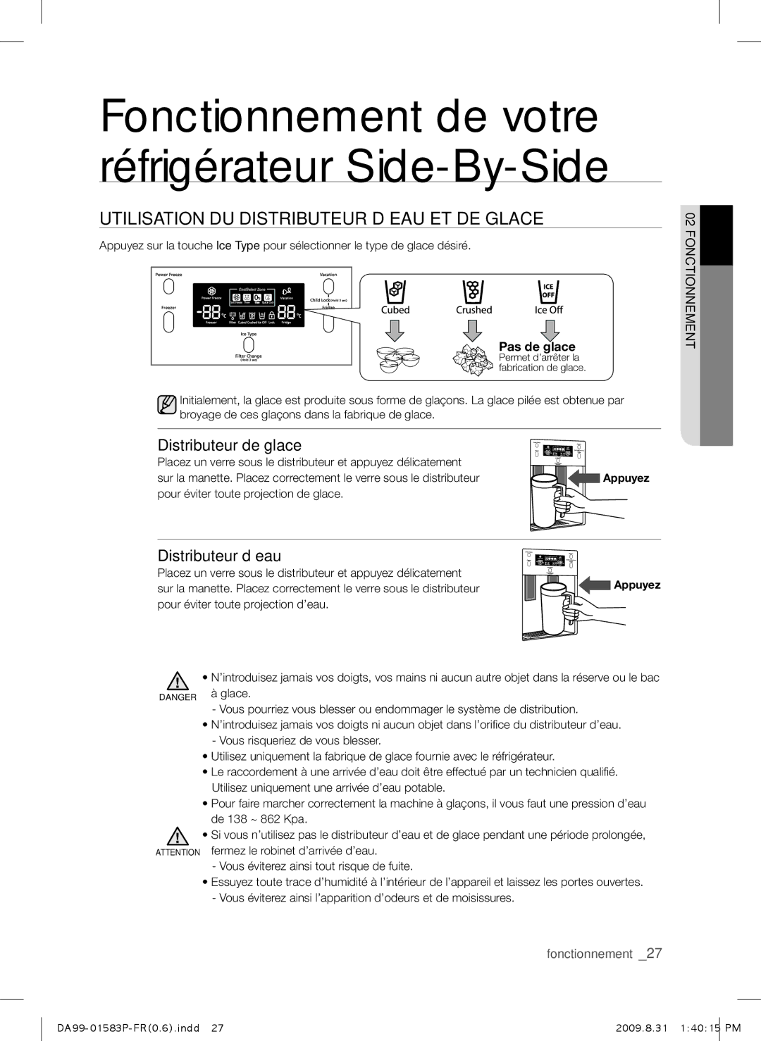 Samsung RSH1FTIS1/BWT manual Utilisation DU Distributeur D’EAU ET DE Glace, Distributeur de glace, Distributeur d’eau 