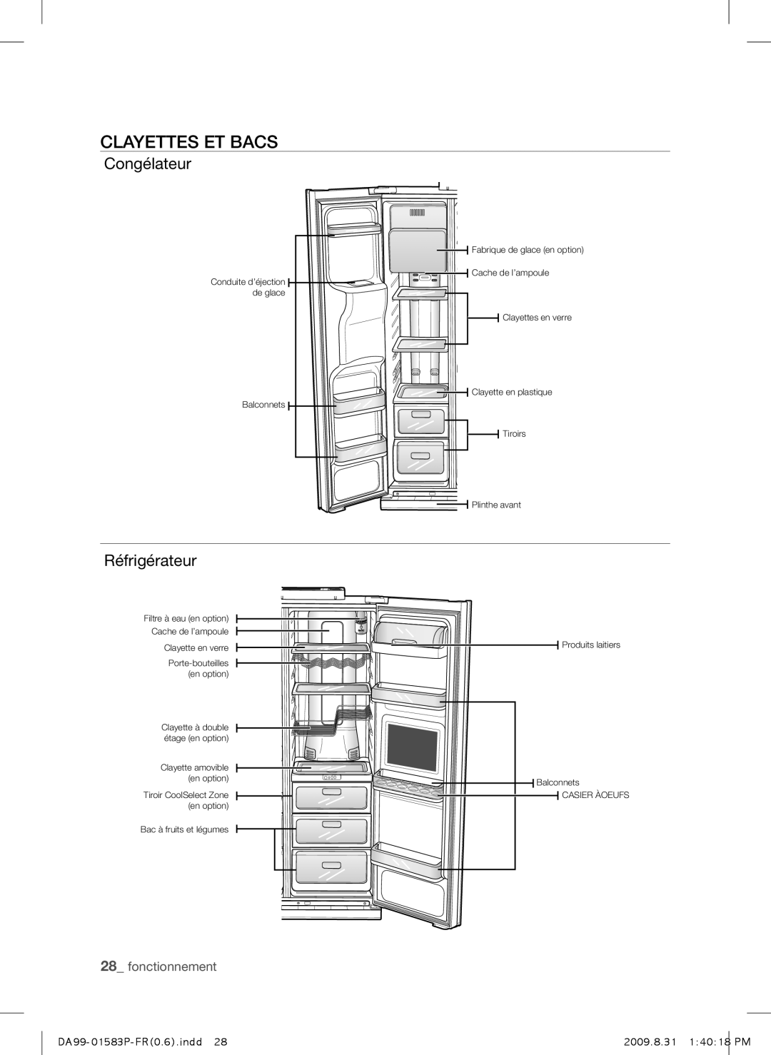 Samsung RSH1DEIS1/XEF, RSH1FTRS1/BWT, RSH1FTMH1/XEF, RSH1FEIS1/XEF manual Clayettes ET Bacs, Congélateur, Réfrigérateur 