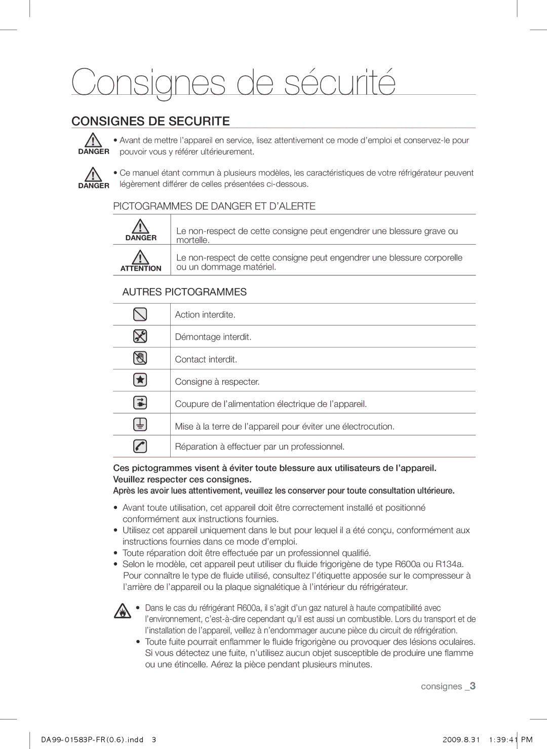 Samsung RSH1FTIS1/BWT, RSH1FTRS1/BWT, RSH1FTMH1/XEF, RSH1FEIS1/XEF manual Consignes de sécurité, Consignes DE Securite 