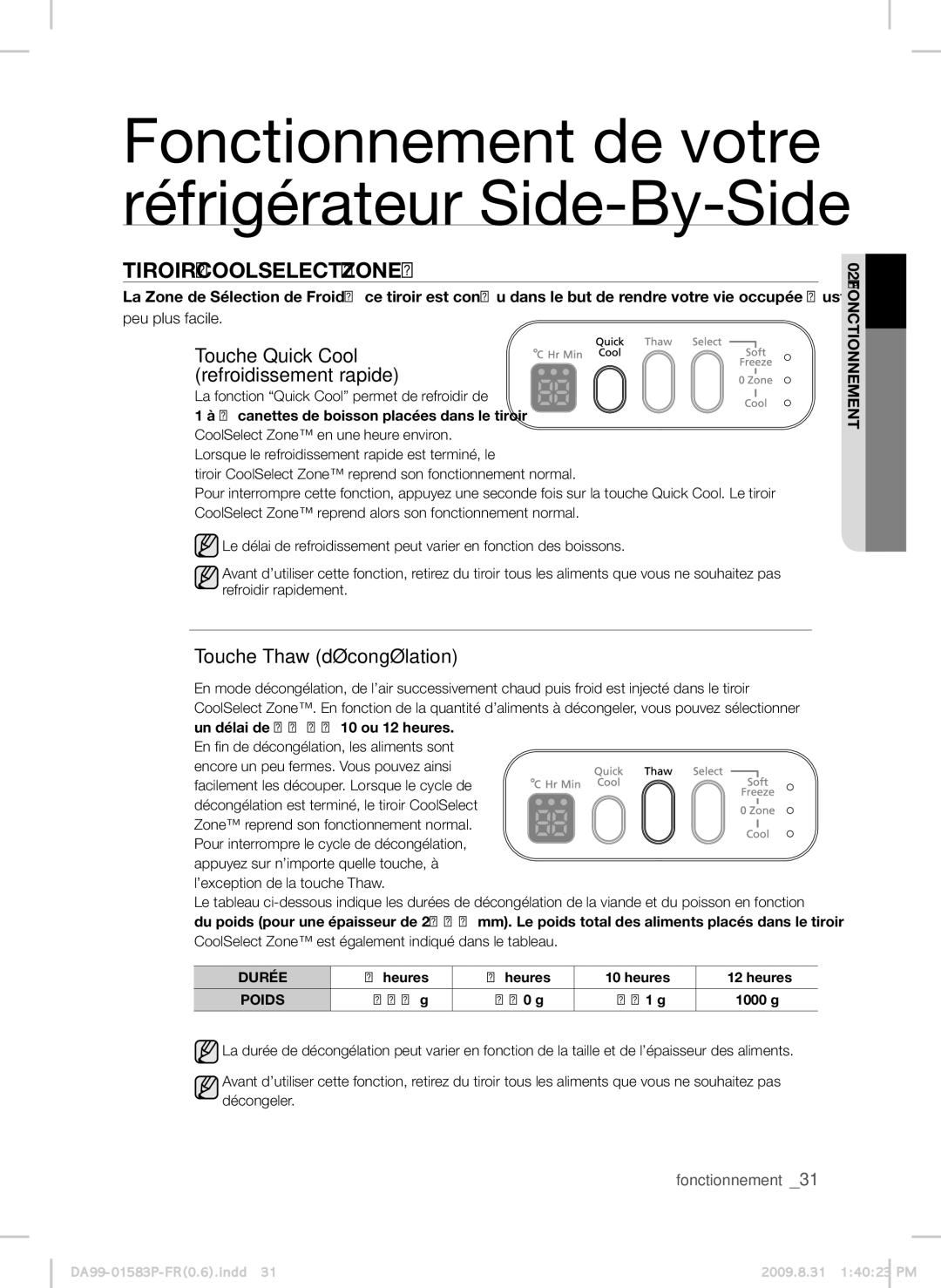 Samsung RSH1FTSW1/XEF Tiroir Coolselect Zone, Touche Quick Cool refroidissement rapide, Touche Thaw décongélation, Heures 