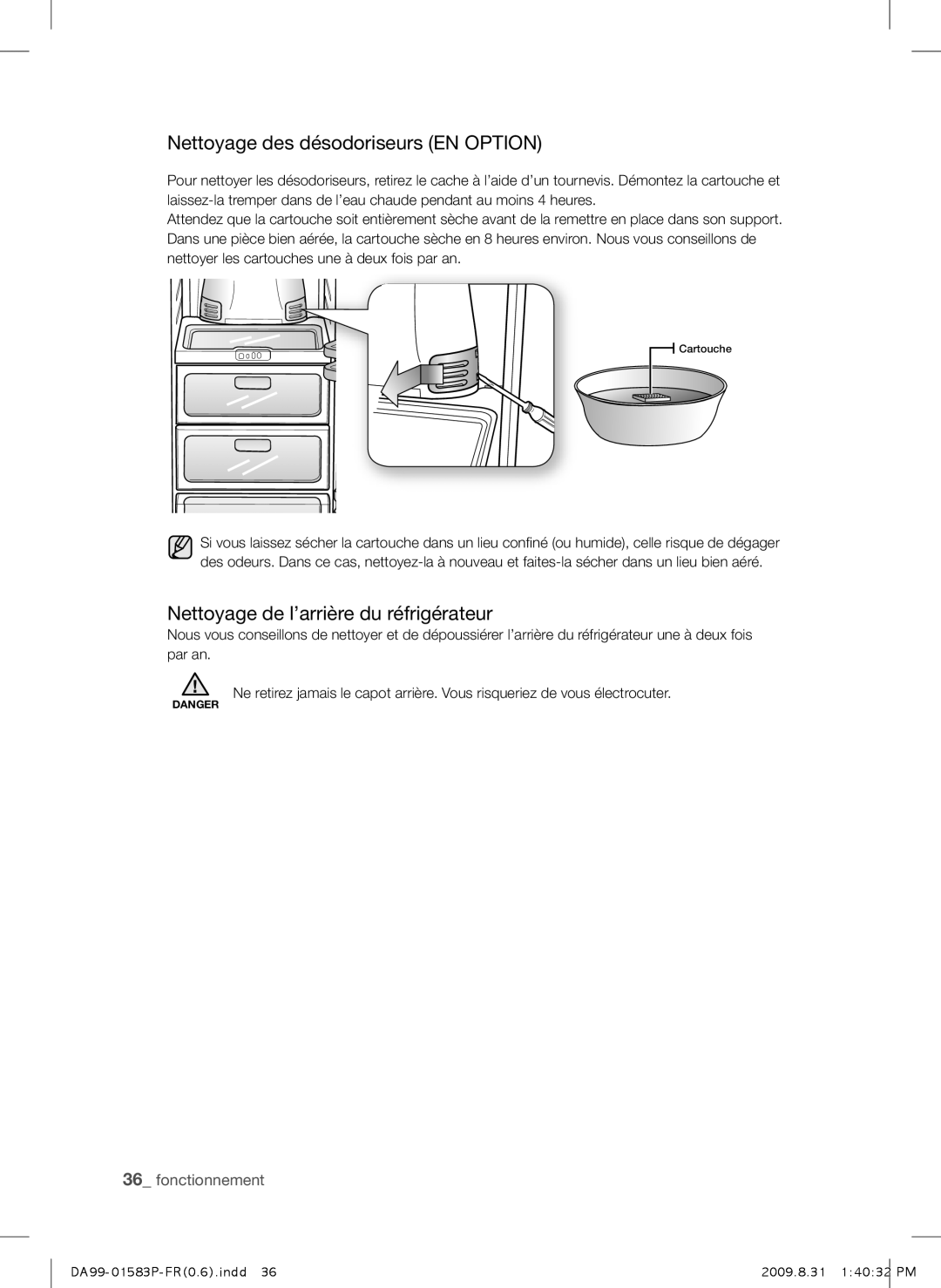 Samsung RSH1FTRS1/BWT, RSH1FTMH1/XEF manual Nettoyage des désodoriseurs EN Option, Nettoyage de l’arrière du réfrigérateur 