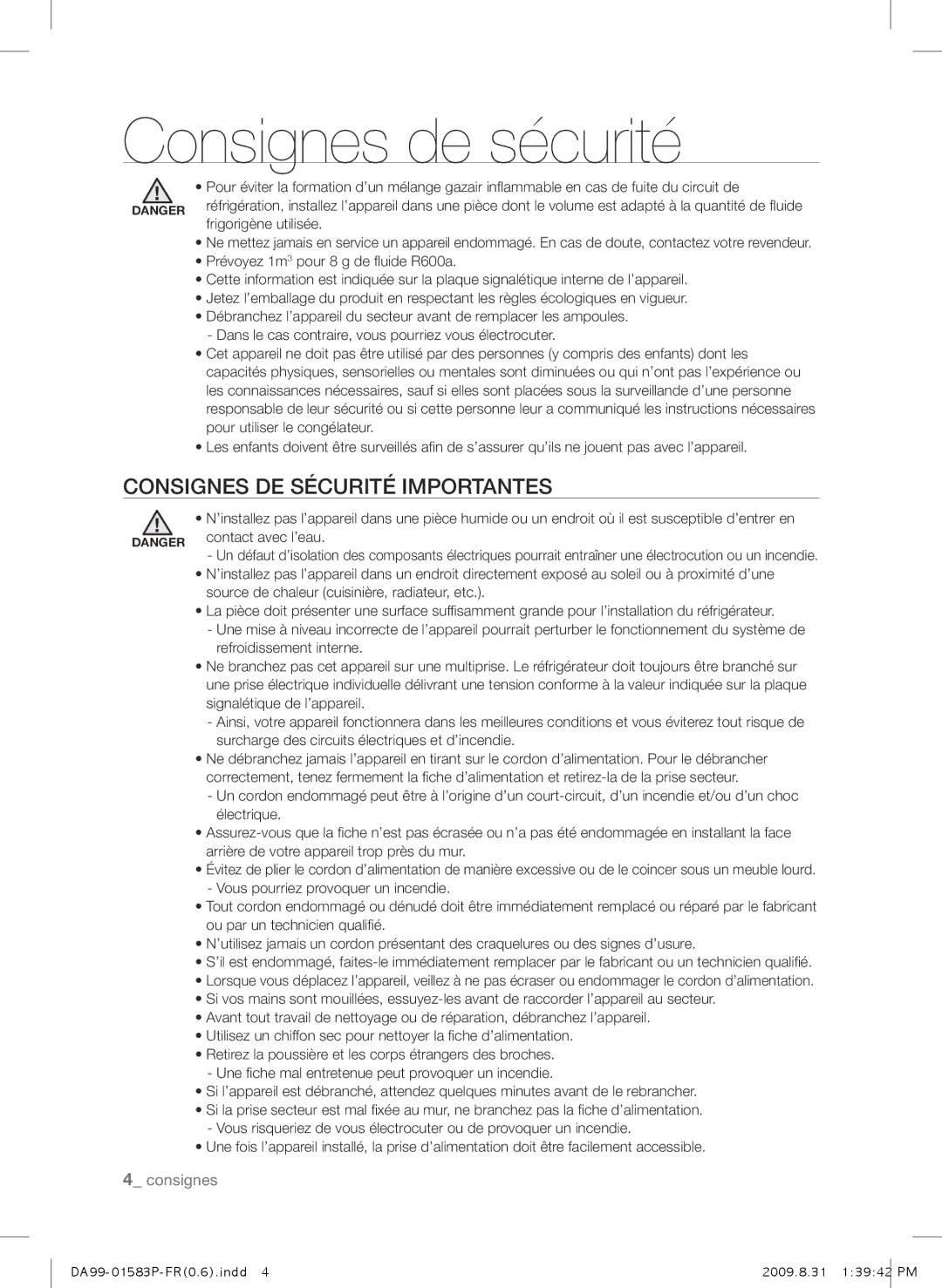 Samsung RSH1DEIS1/XEF, RSH1FTRS1/BWT, RSH1FTMH1/XEF, RSH1FEIS1/XEF, RSH1FTIS1/BWT manual Consignes DE Sécurité Importantes 