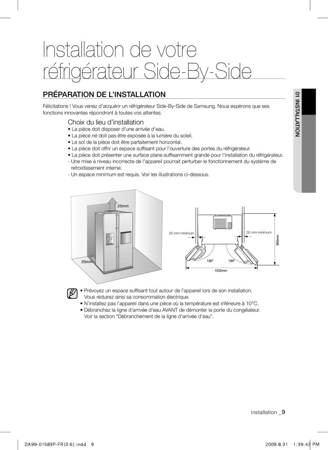 Samsung RSH1FTRS1/XEF, RSH1FTRS1/BWT, RSH1FTMH1/XEF manual Préparation DE L’INSTALLATION, Choix du lieu d’installation 