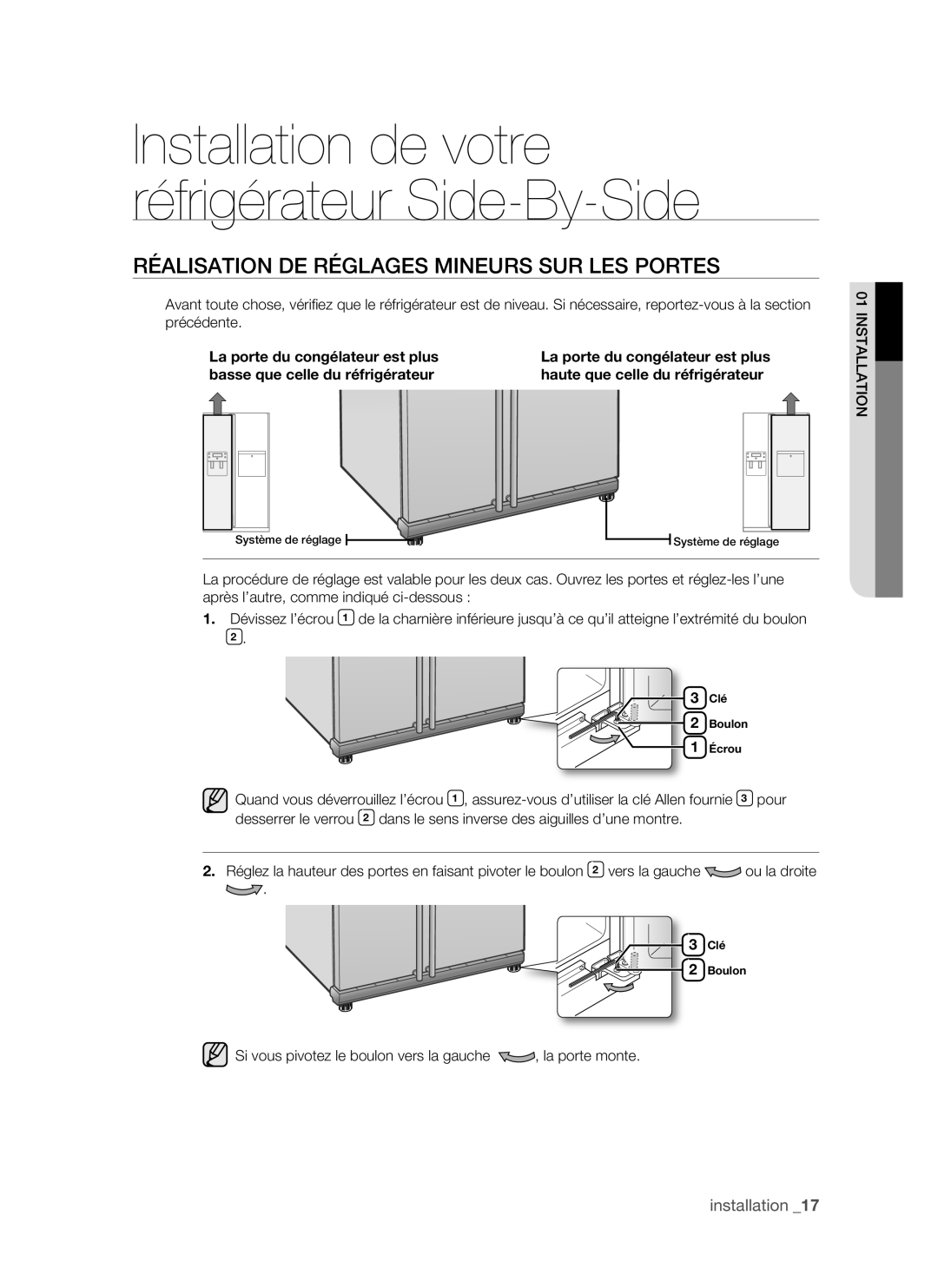 Samsung RSH1DTSW1/XEF, RSH1FTRS1/BWT, RSH1FTMH1/XEF, RSH1FTSW1/XEF manual Réalisation de réglages mineurs sur les portes 