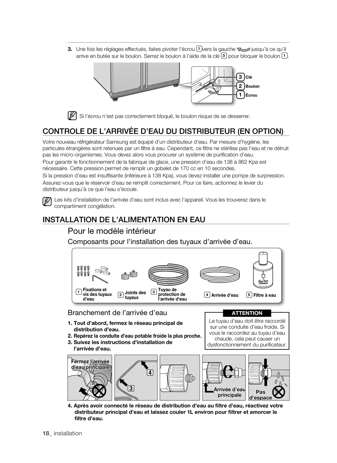 Samsung RSH1FTRS1/BWT manual Controle DE L’ARRIVÉE D’EAU DU Distributeur EN Option, Installation DE L’ALIMENTATION EN EAU 