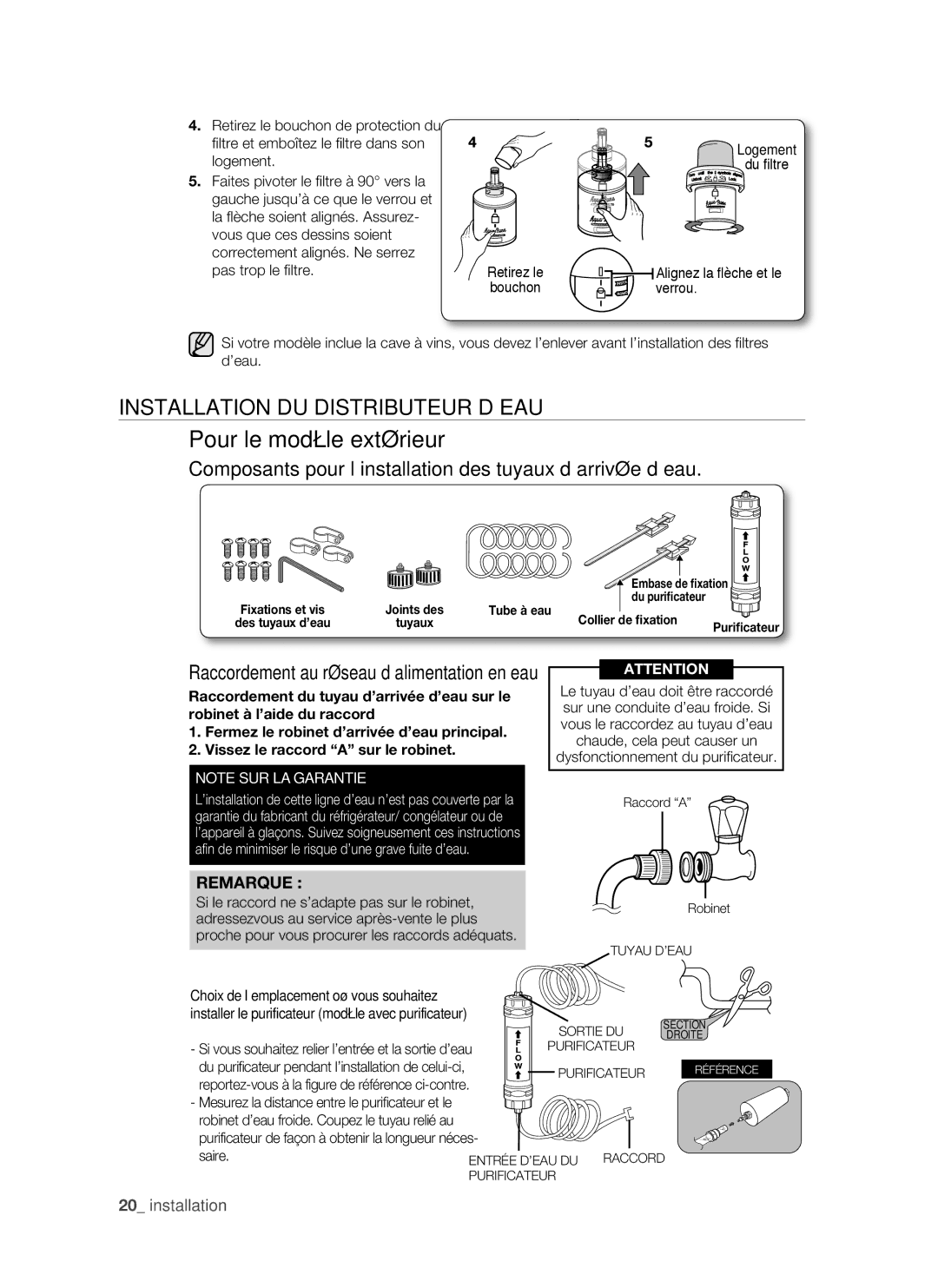 Samsung RSH1FTSW1/XEF, RSH1FTRS1/BWT, RSH1FTMH1/XEF manual Pour le modèle extérieur, Installation DU Distributeur D’EAU 