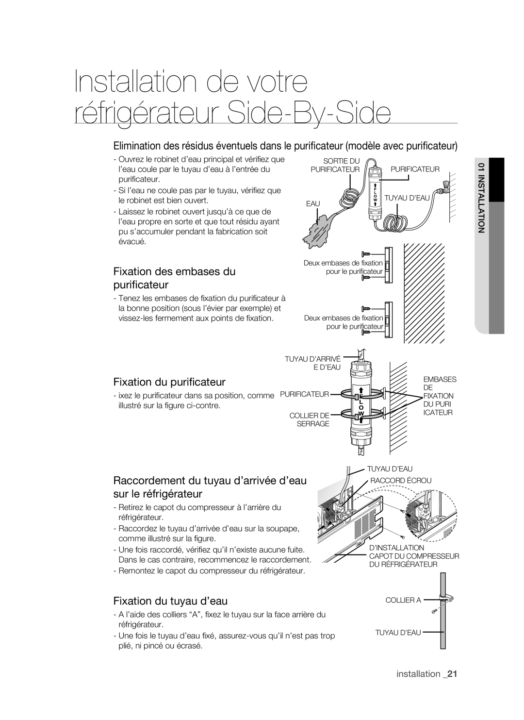 Samsung RSH1DTMH1/XEF manual Fixation des embases du purificateur, Fixation du purificateur, Fixation du tuyau d’eau 