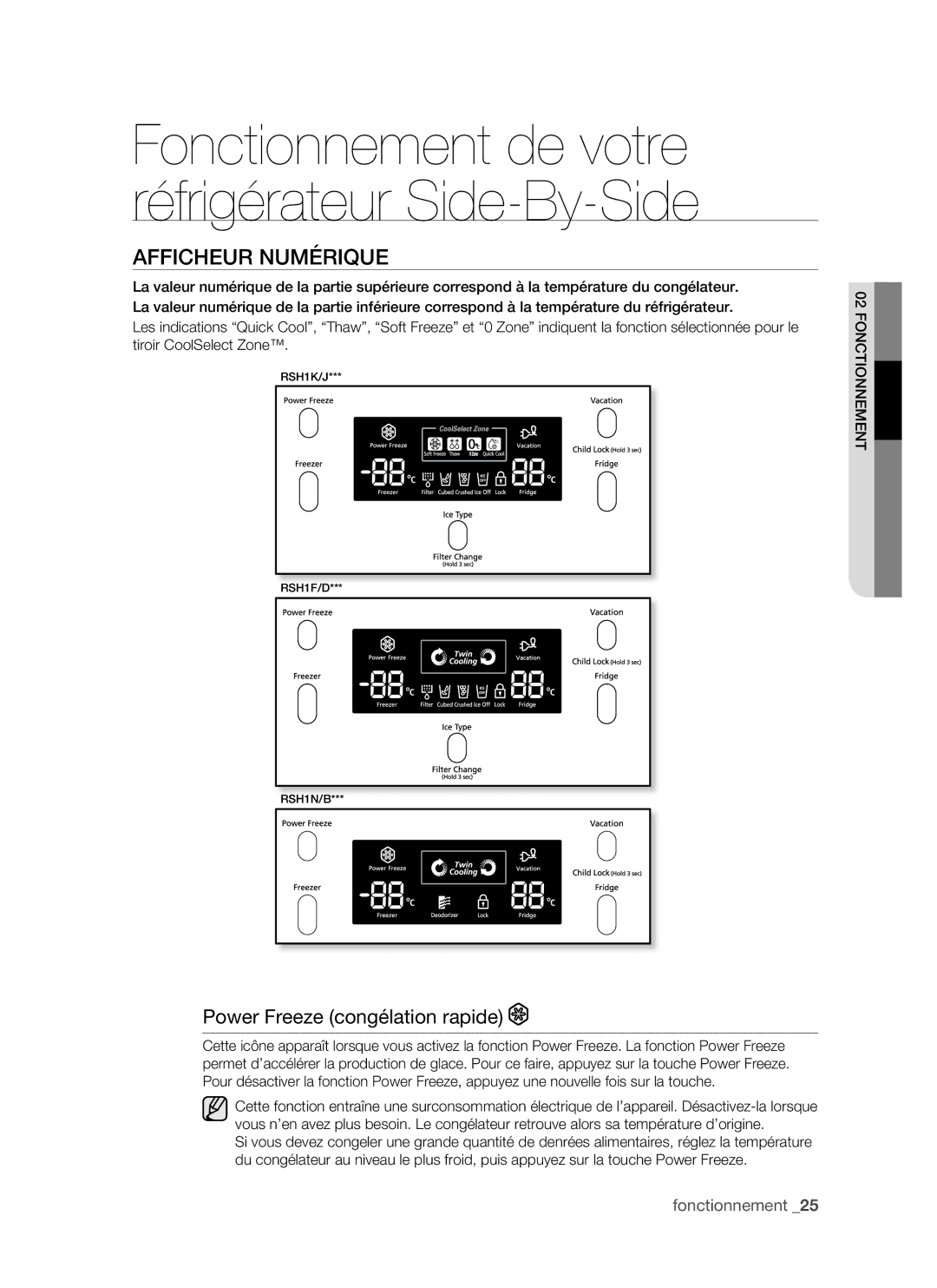 Samsung RSH1FTMH1/XEF, RSH1FTRS1/BWT, RSH1FTSW1/XEF, RSH1DTMH1/XEF manual Afficheur Numérique, Power Freeze congélation rapide 