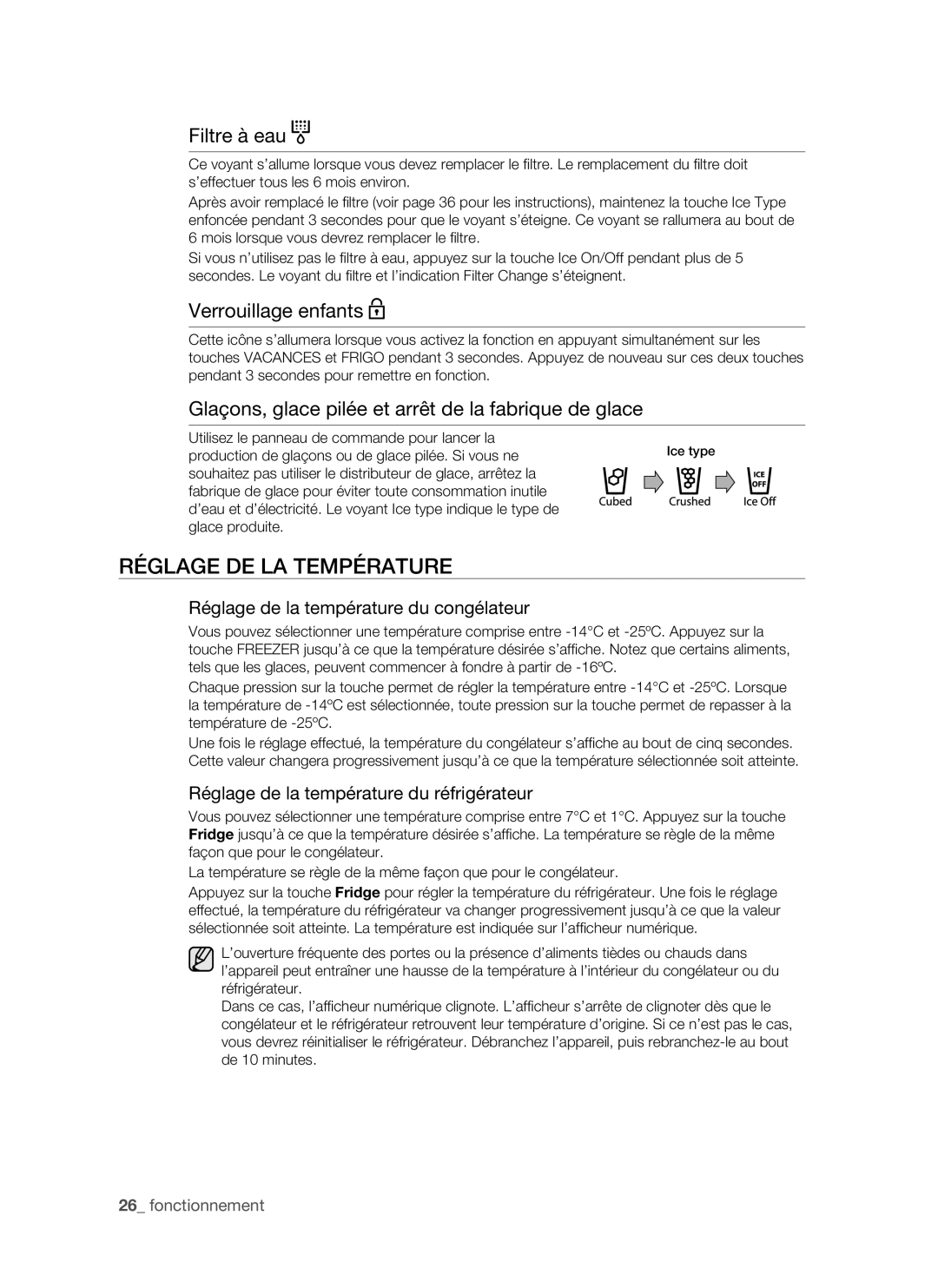 Samsung RSH1FTSW1/XEF, RSH1FTRS1/BWT, RSH1FTMH1/XEF manual Réglage DE LA Température, Filtre à eau, Verrouillage enfants 