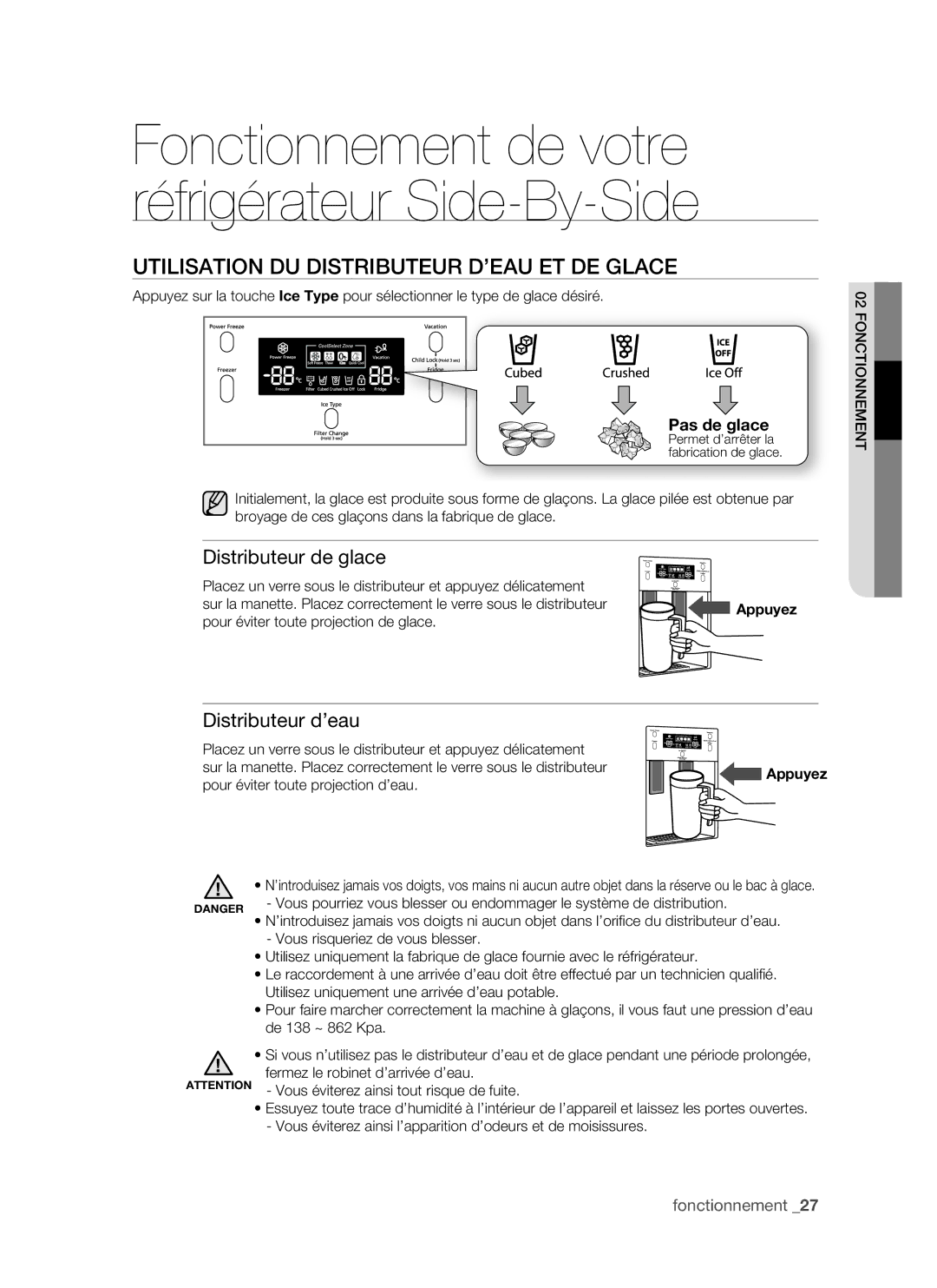 Samsung RSH1DTMH1/XEF manual Utilisation DU Distributeur D’EAU ET DE Glace, Distributeur de glace, Distributeur d’eau 