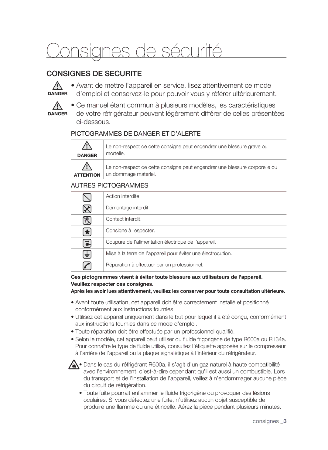 Samsung RSH1DTMH1/XEF, RSH1FTRS1/BWT, RSH1FTMH1/XEF, RSH1FTSW1/XEF manual Consignes de sécurité, Consignes DE Securite 