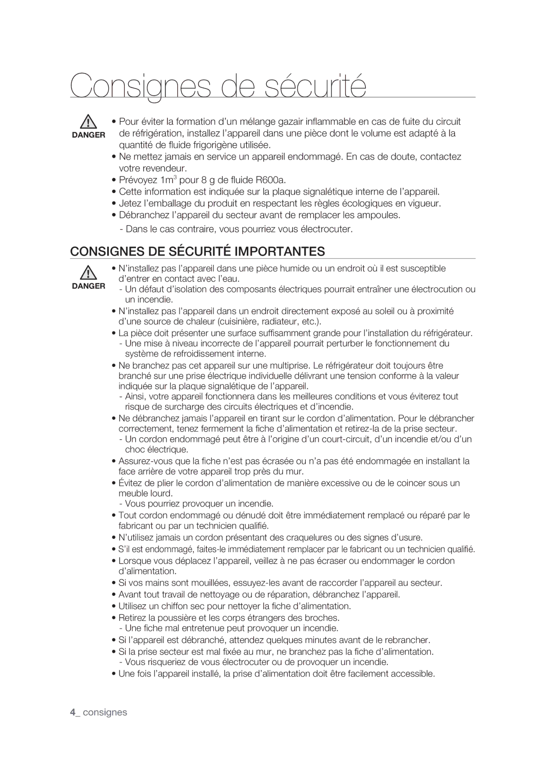 Samsung RSH1FTRS1/XEF, RSH1FTRS1/BWT, RSH1FTMH1/XEF, RSH1FTSW1/XEF manual Consignes DE Sécurité Importantes,  consignes 