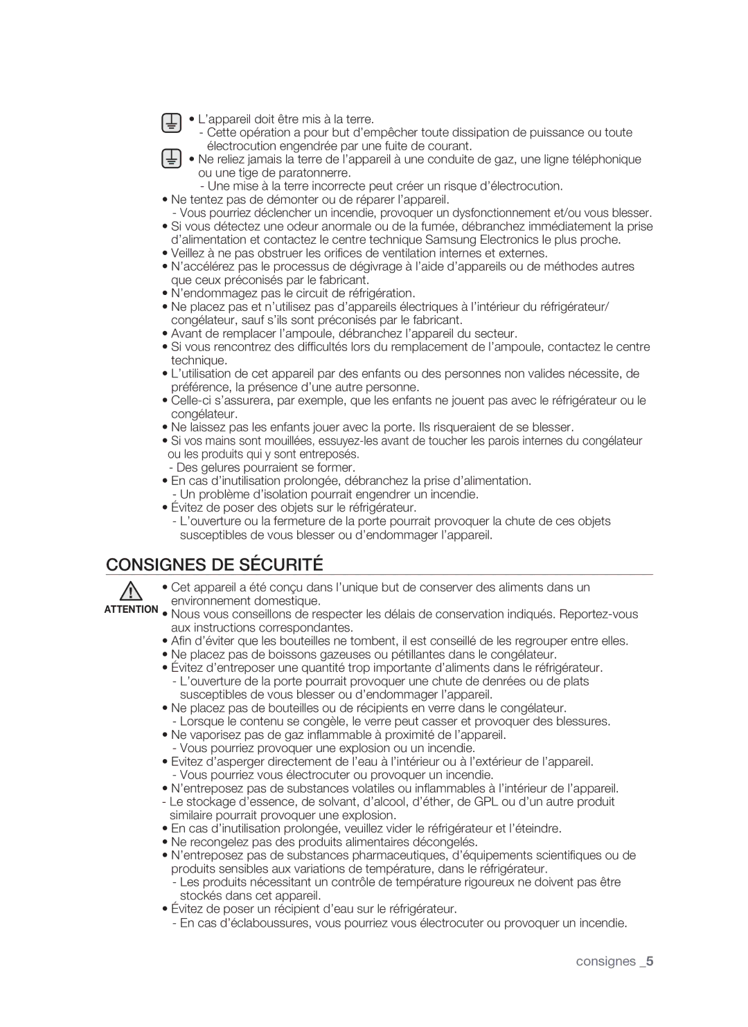 Samsung RSH1DTSW1/XEF, RSH1FTRS1/BWT, RSH1FTMH1/XEF, RSH1FTSW1/XEF, RSH1DTMH1/XEF, RSH1FTRS1/XEF manual Consignes DE Sécurité 