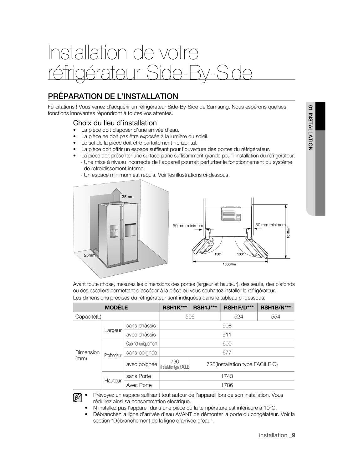 Samsung RSH1DTMH1/XEF, RSH1FTRS1/BWT, RSH1FTMH1/XEF manual Préparation DE L’INSTALLATION, Choix du lieu d’installation 