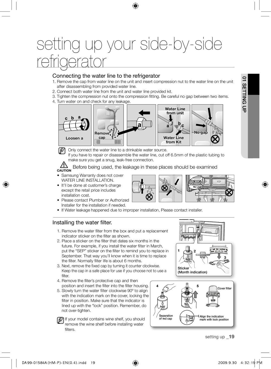 Samsung RSH1NTPEA/XSV, RSH1KLMRA/XSV manual Connecting the water line to the refrigerator, Installing the water filter 