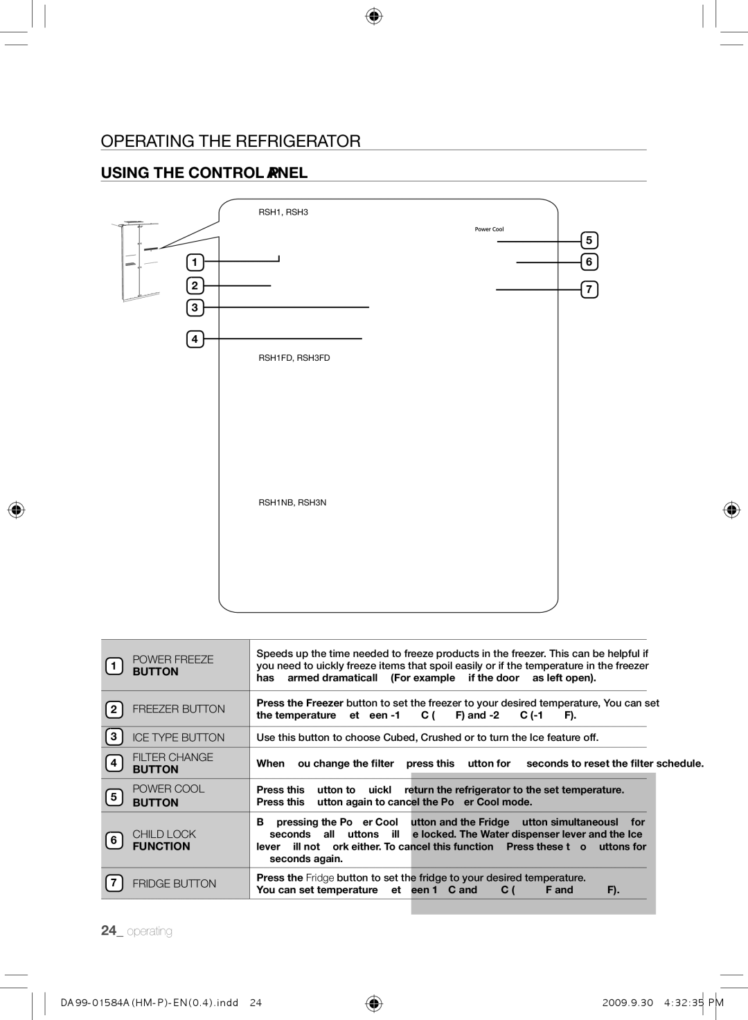 Samsung RSH1FEIS1/XSV, RSH1KLMRA/XSV, RSH1NTPE1/XSV, RSH1KLAW1/XTL manual OPErating tHE rEfrigErator, Using the Control Panel 