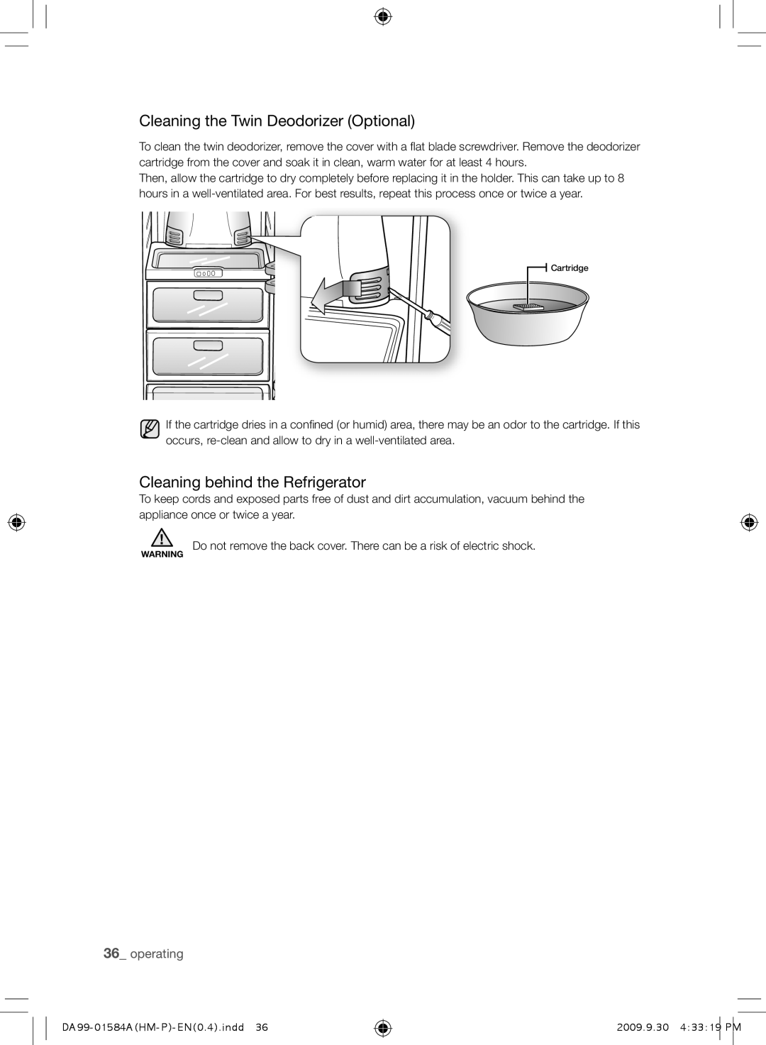 Samsung RSH1DLMR1/XSV, RSH1KLMRA/XSV, RSH1NTPE1/XSV Cleaning the Twin Deodorizer Optional, Cleaning behind the Refrigerator 