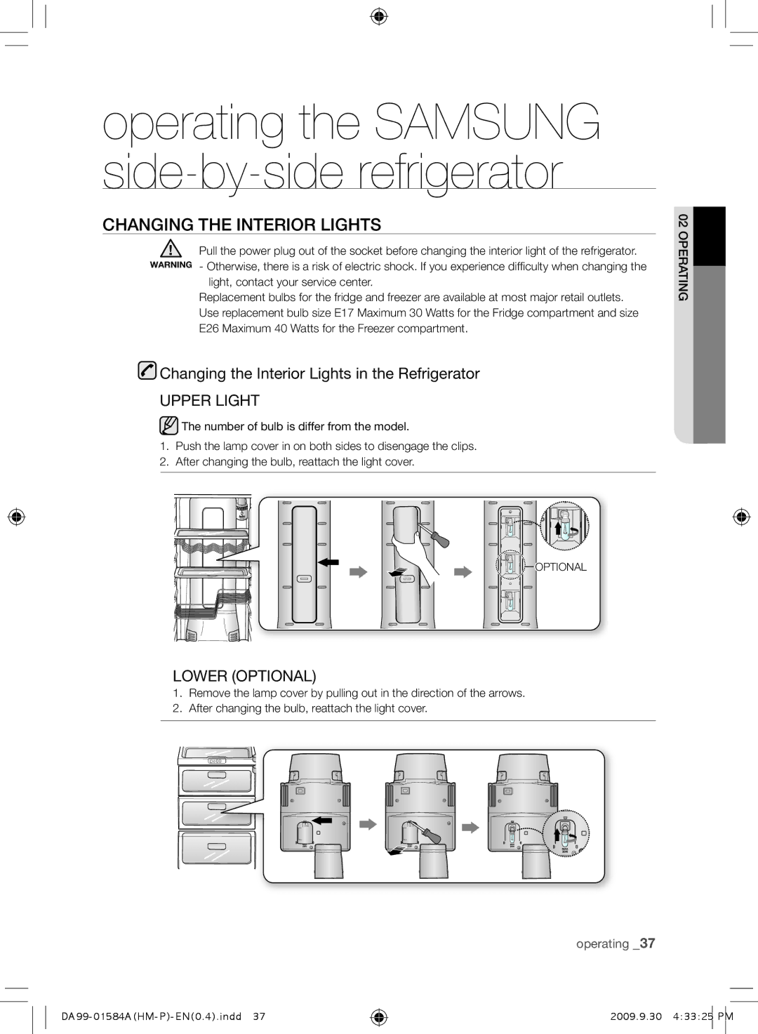 Samsung RSH1NTPE2/XSV, RSH1KLMRA/XSV manual CHanging tHE intErior LigHts, Changing the Interior Lights in the Refrigerator 