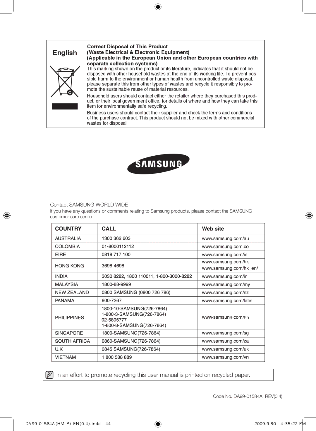 Samsung RSH1FEIS1/XSV, RSH1KLMRA/XSV, RSH1NTPE1/XSV, RSH1KLAW1/XTL, RSH1KLMR1/XSV, RSH1KLAW1/XSV Contact Samsung World Wide 