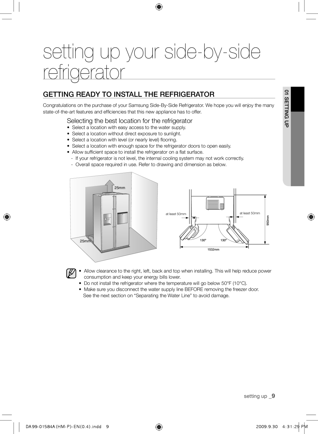 Samsung RSH1NTPEA/XSV manual GEtting rEaDy to instaLL tHE rEfrigErator, Selecting the best location for the refrigerator 