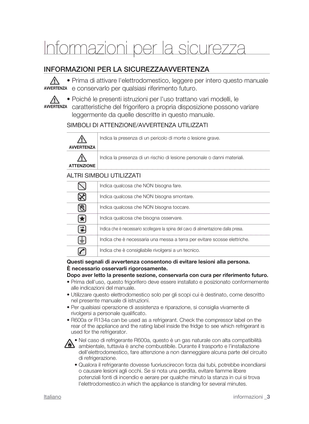 Samsung RSH1FTIS1/XET, RSH1NTMH1/XET, RSH1DTPE1/XET Informazioni per la sicurezza, Informazioni PER LA Sicurezzaavvertenza 