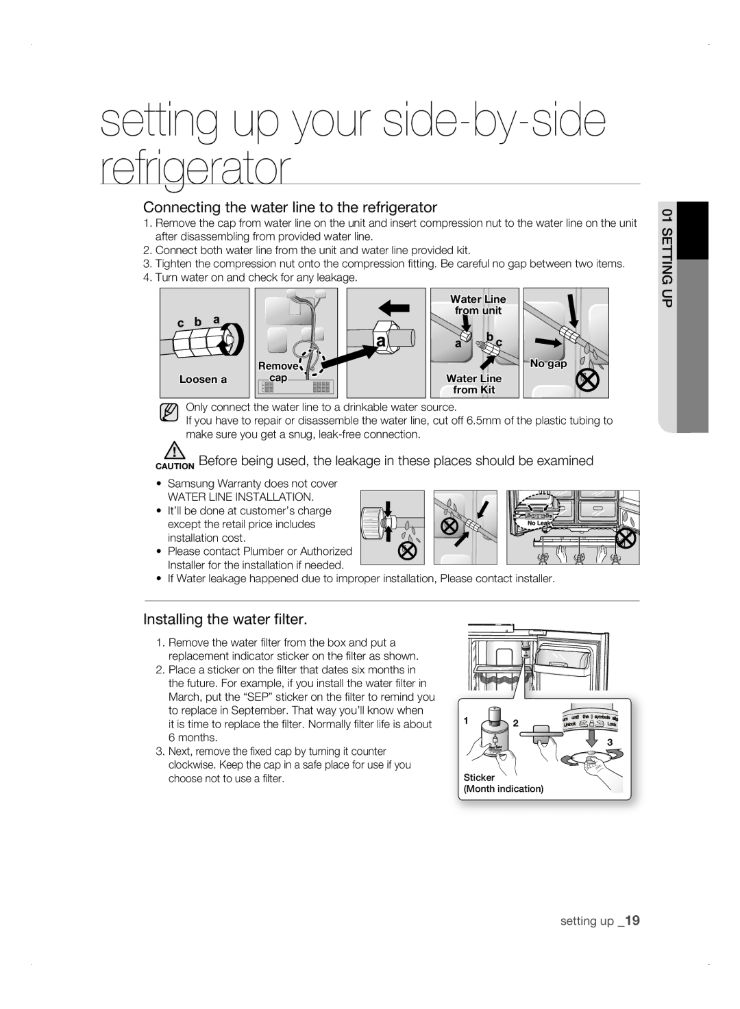 Samsung RSH3FTPE1/MTR, RSH1NTSW1/ZAM manual Connecting the water line to the refrigerator, Installing the water filter 