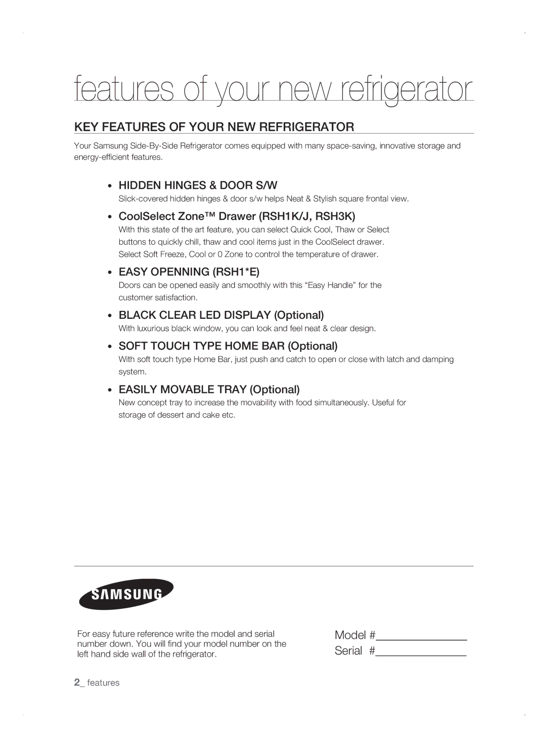 Samsung RSH3FTPE1/JUM, RSH1NTSW1/ZAM manual Key features of your new refrigerator, CoolSelect Zone Drawer RSH1K/J, RSH3K 