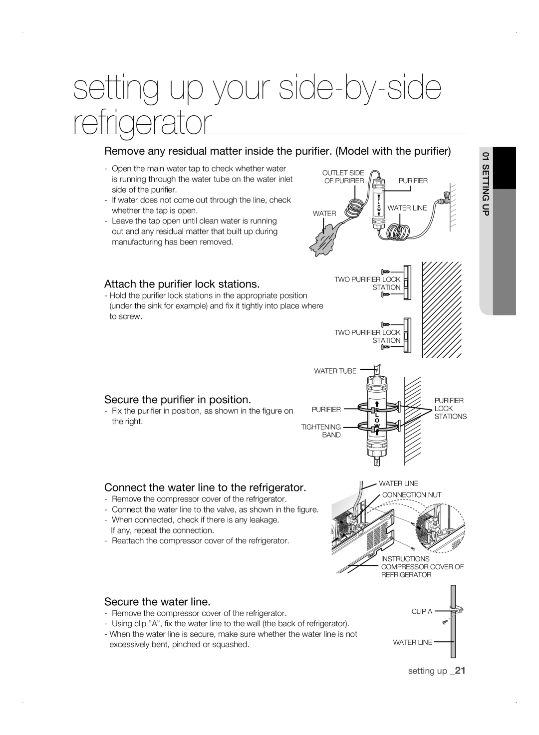 Samsung RSH1NTSW1/ZAM manual Attach the purifier lock stations, Secure the purifier in position, Secure the water line 