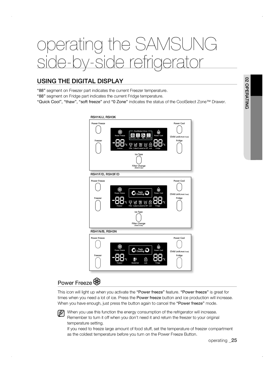 Samsung RSH3FTPE1/MTR, RSH1NTSW1/ZAM, RSH3FTPE1/JUM manual Using tHE DigitaL DisPLay, Power Freeze 