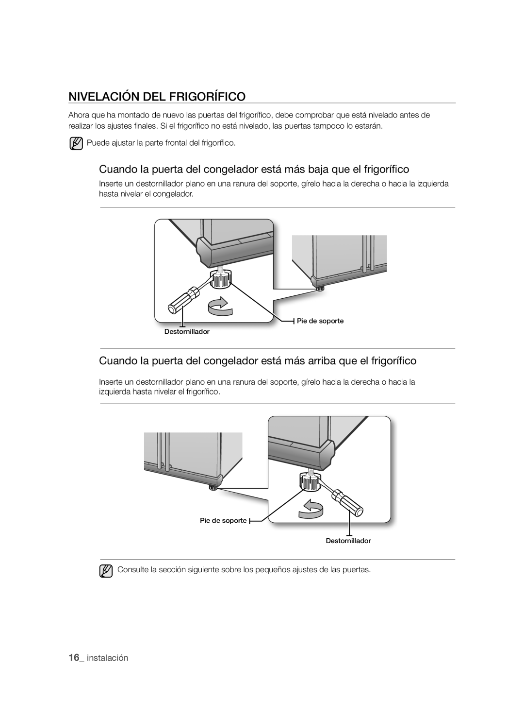 Samsung RSH1PBRS1/XES, RSH1UBRS1/XES manual Nivelación DEL Frigorífico, Puede ajustar la parte frontal del frigorífico 