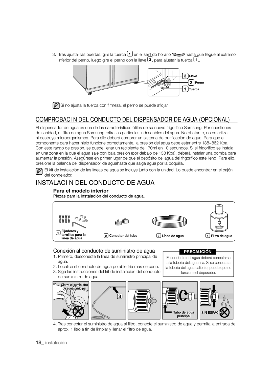 Samsung RSH1FTSW1/XES, RSH1UBRS1/XES manual Instalación DEL Conducto DE Agua, Conexión al conducto de suministro de agua 