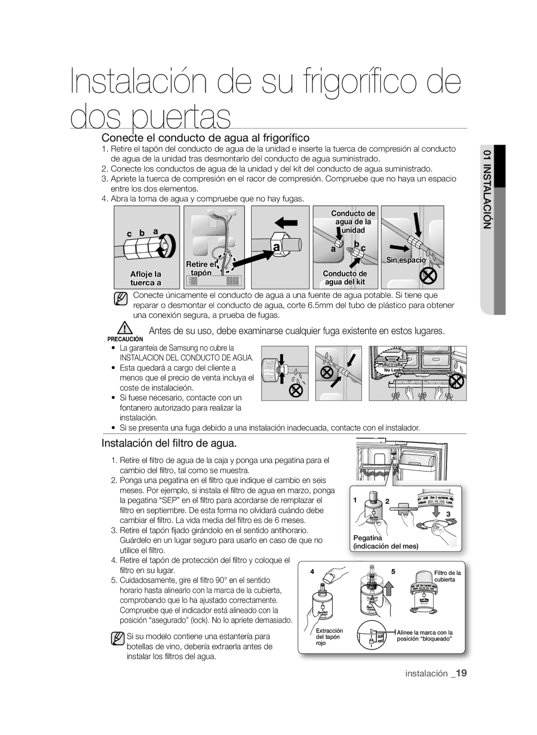 Samsung RSH1FTSW1/XEP, RSH1UBRS1/XES manual Conecte el conducto de agua al frigorífico, Instalación del filtro de agua 