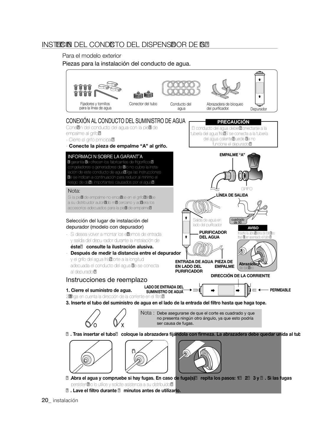 Samsung RSH1PTPE1/XEP Instalación DEL Conducto DEL Dispensador DE Agua, Instrucciones de reemplazo, Funcione el depurador 