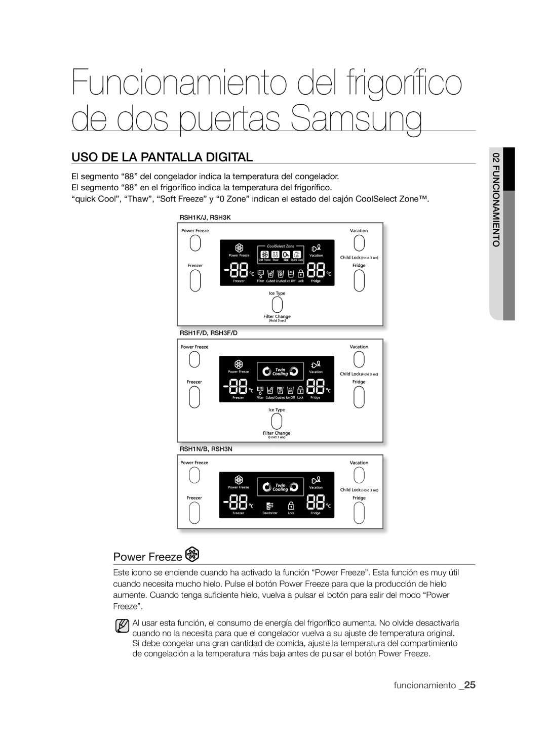 Samsung RSH1DTMH1/XES, RSH1UBRS1/XES, RSH1FTPE1/XEP, RSH1DTRS1/XES, RSH1NBIS1/XES USO DE LA Pantalla Digital, Power Freeze 