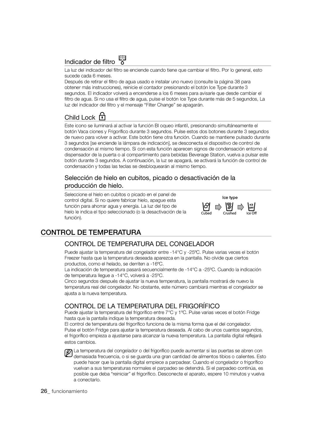 Samsung RSH1NBIS1/XES manual Control DE Temperatura, Indicador de filtro, Child Lock, Control de temperatura del congelador 