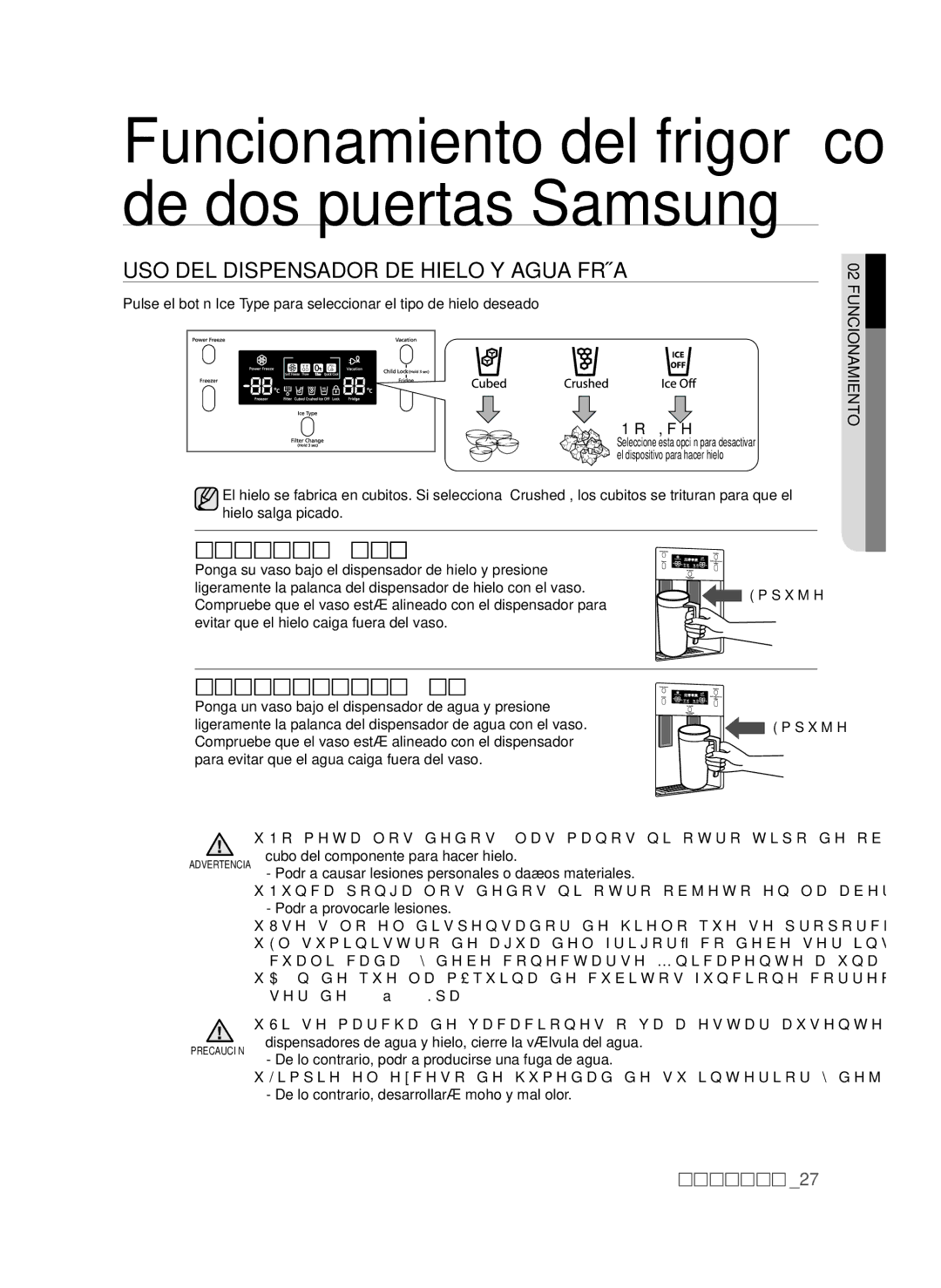 Samsung RSH1PBRS1/XES manual USO DEL Dispensador DE Hielo Y Agua Fría, Dispensador de hielo, Uso del dispensador de agua 