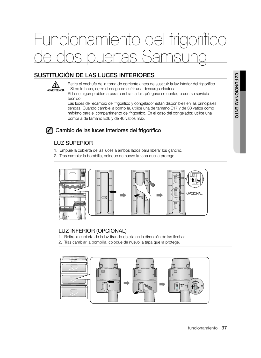 Samsung RSH1NBIS1/XES, RSH1UBRS1/XES Sustitución DE LAS Luces Interiores, Cambio de las luces interiores del frigorífico 