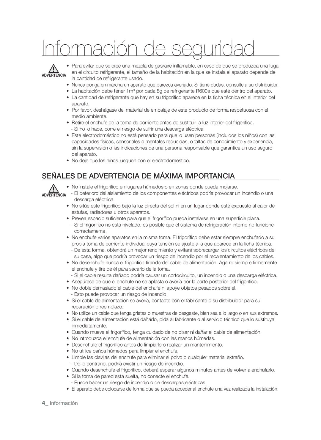 Samsung RSH1NBIS1/XES, RSH1UBRS1/XES, RSH1FTPE1/XEP manual Señales DE Advertencia DE Máxima Importancia, Descarga eléctrica 