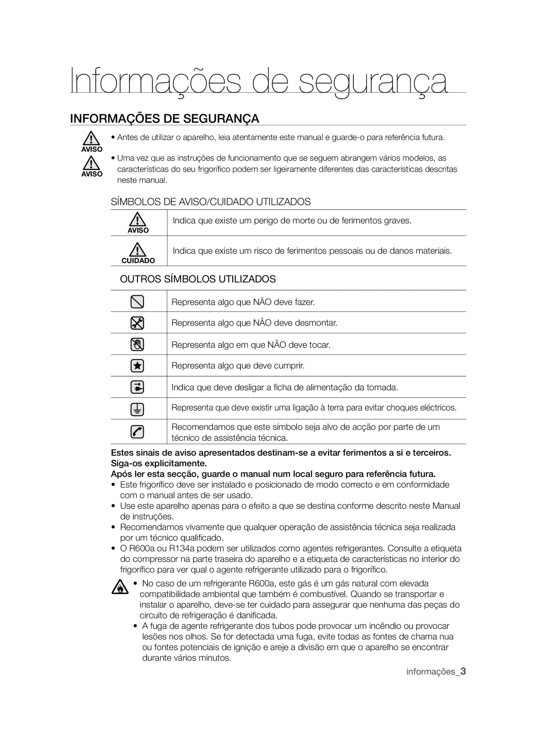 Samsung RSH1FTPE1/XEP, RSH1UBRS1/XES, RSH1DTRS1/XES, RSH1DTMH1/XES manual Informações de segurança, Informações DE Segurança 