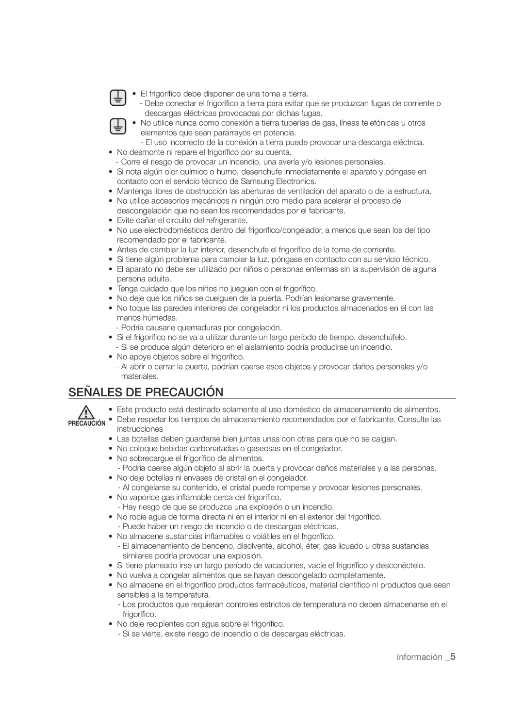 Samsung RSH1PBRS1/XES, RSH1UBRS1/XES, RSH1FTPE1/XEP, RSH1DTRS1/XES, RSH1DTMH1/XES, RSH1NBIS1/XES manual Señales DE Precaución 