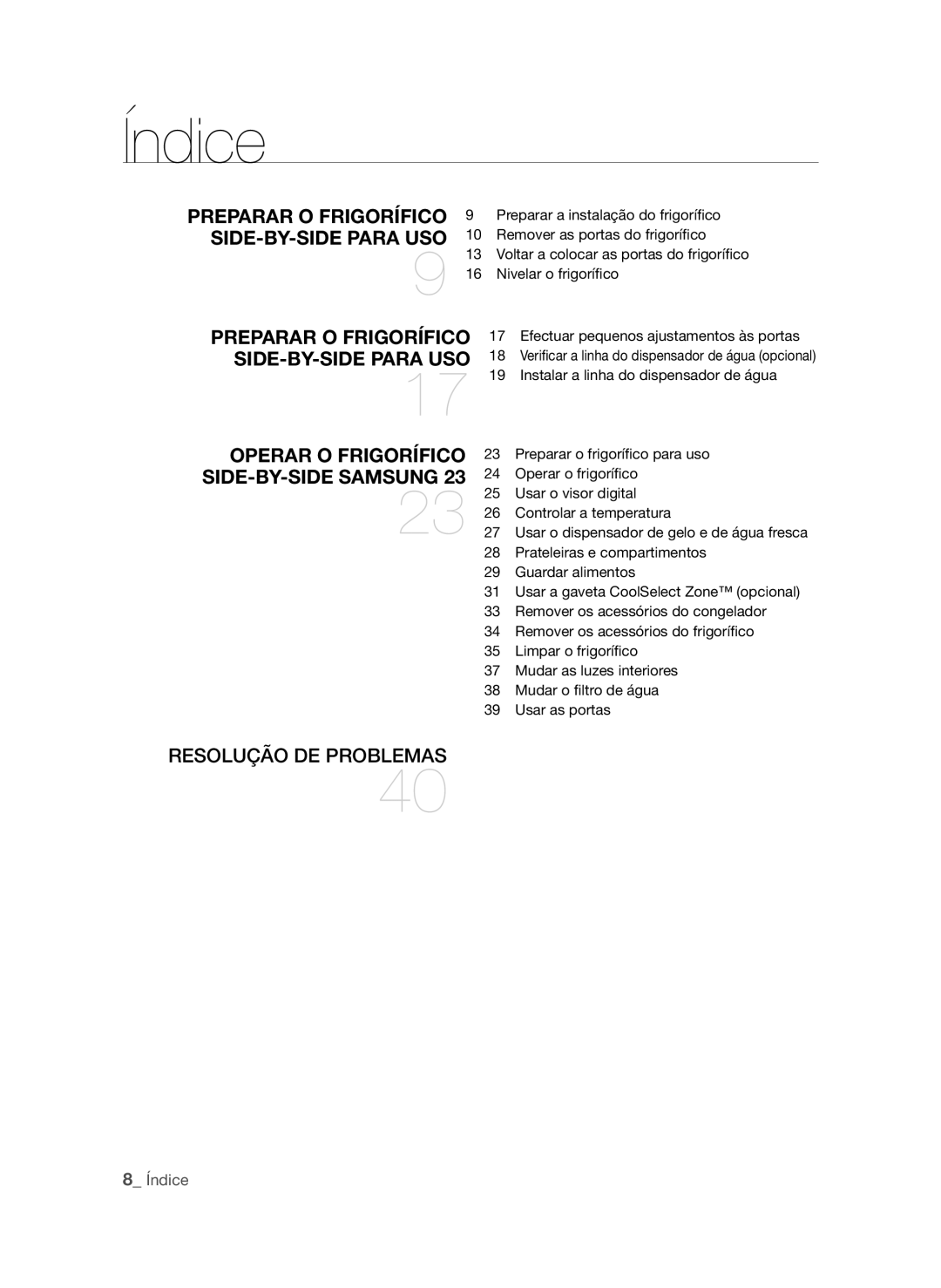 Samsung RSH1DBIS1/XES, RSH1UBRS1/XES, RSH1FTPE1/XEP, RSH1DTRS1/XES manual Índice, Preparar O Frigorífico SIDE-BY-SIDE Para USO 