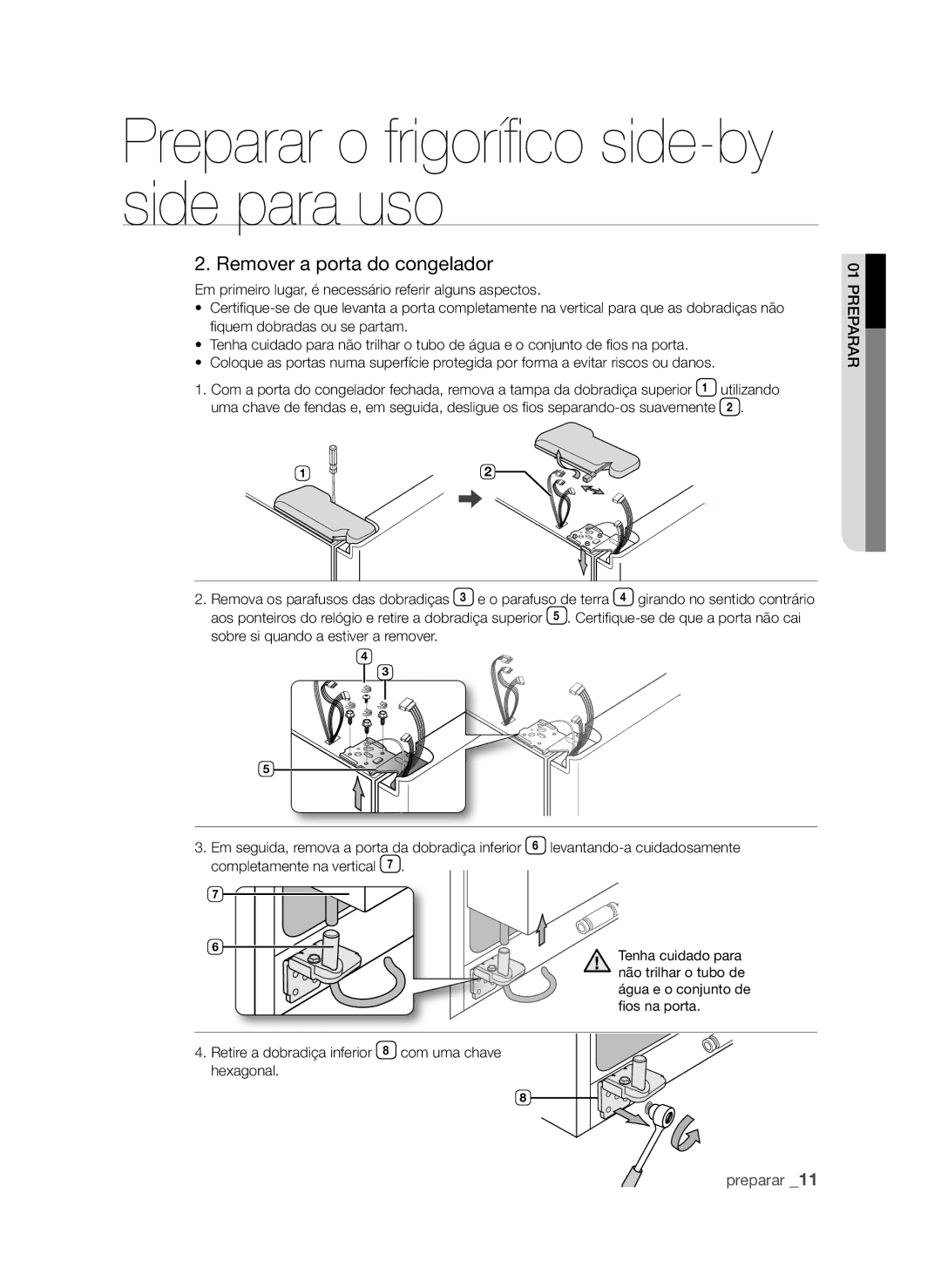 Samsung RSH1PTPE1/XEP, RSH1UBRS1/XES manual Preparar o frigorífico side-by side para uso, Remover a porta do congelador 