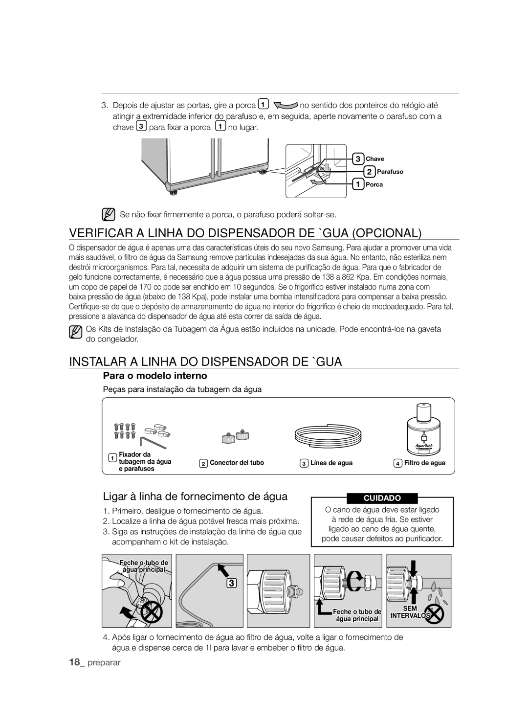 Samsung RSH1PBRS1/XES manual Verificar a Linha do Dispensador DE Água Opcional, Instalar a Linha do Dispensador DE Água 