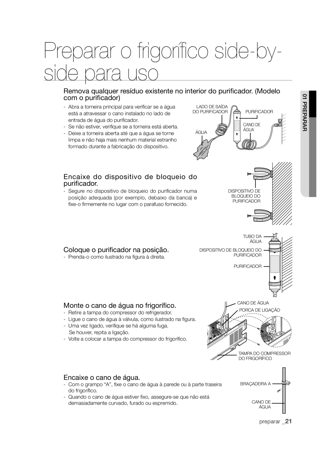 Samsung RSH1FTSW1/XEP, RSH1UBRS1/XES Encaixe do dispositivo de bloqueio do purificador, Coloque o purificador na posição 